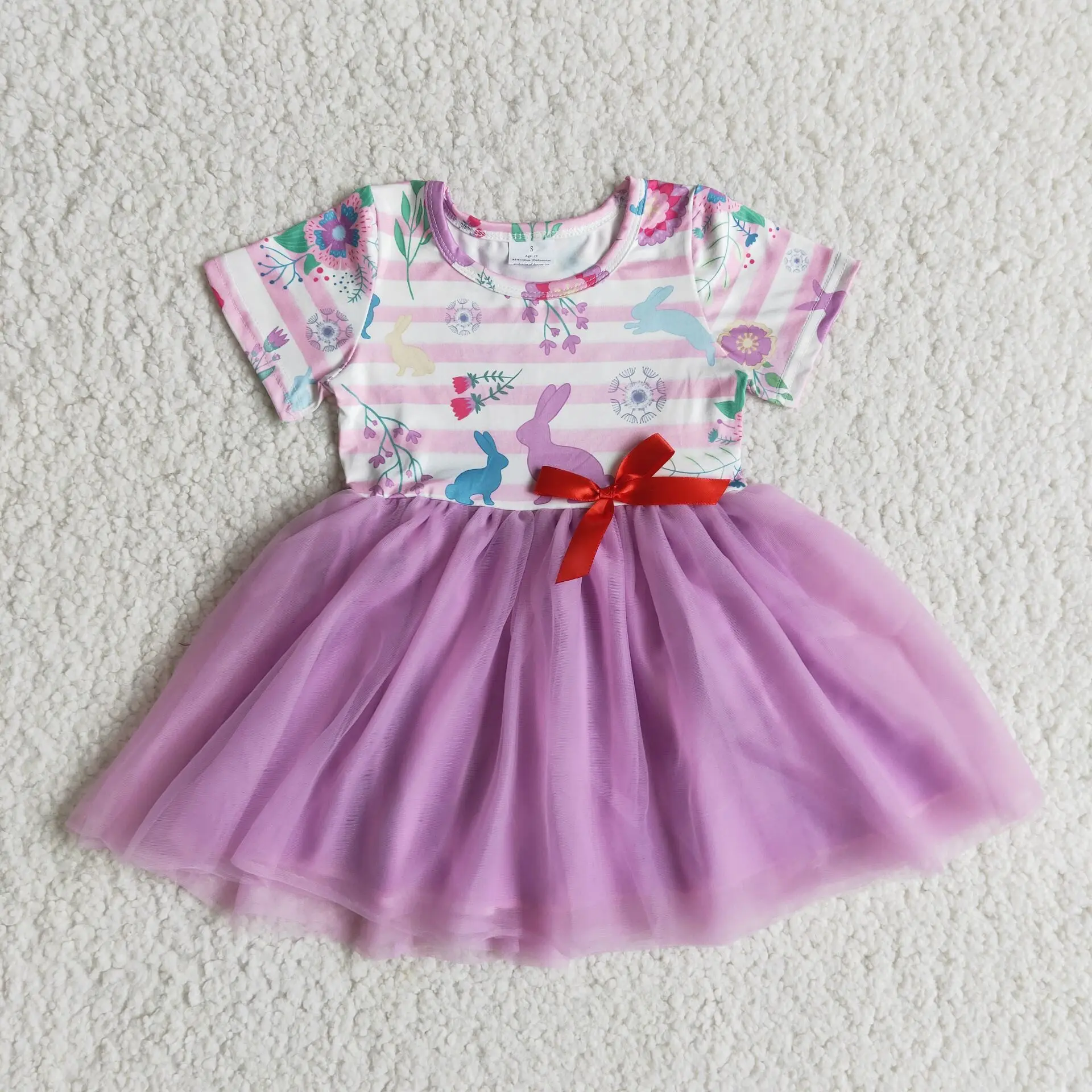 3.01 Wholesale Girls Summer Short Sleeve Easter Dress Multi-Element Round Neck Pattern Print Rabbit Bright Color