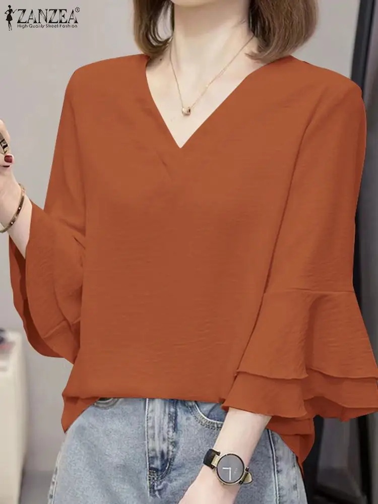 ZANZEA Women Casual Korean Blouse Fashion Summer Ruffled 3/4 Sleeve Shirts Holiday 2024 Round Neck Tops Texture Fabric Blusas