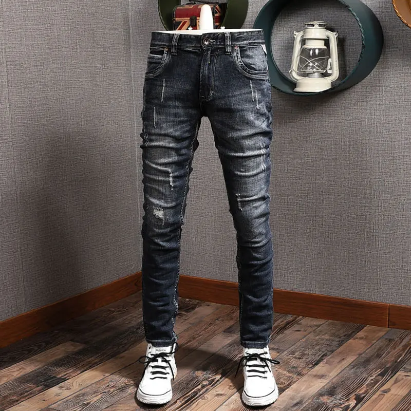 

Newly Designer Fashion Men Jeans Retro Black Blue Elastic Stretch Slim Fit Ripped Jeans Men Vintage Trousers Denim Pants Hombre