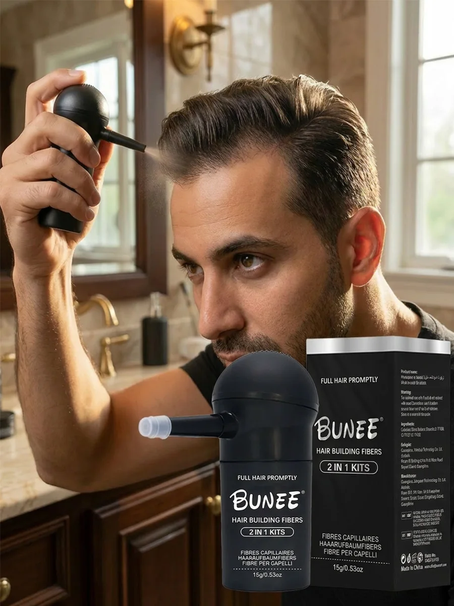 BUNEE Haarvezelset 15g: Natuurlijke haarverdikkende vezels voor mannen, voor kale plekken, vult de haarlijn aan, bevat 15g vezelpoeder - afbeelding 2