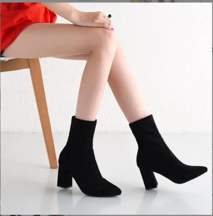 

New Black Brown Flock Thick Heel Ankle Boots Women Winter Shoes Nice Elegant High Heel Pointed Toe Keep Warm Short Boots Ladies