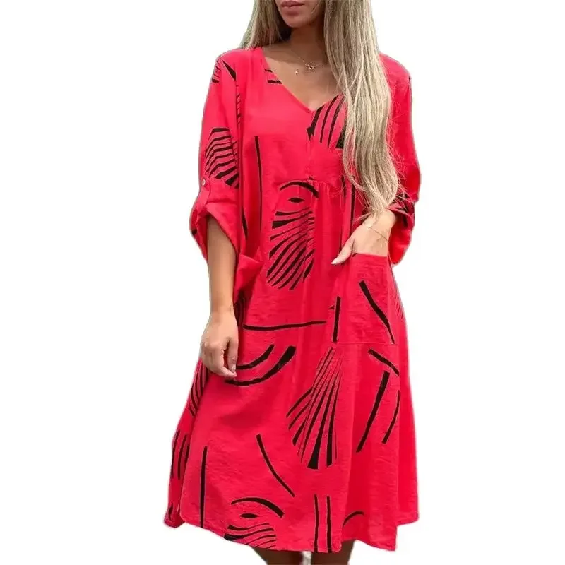 Fashion Print Loose V Neck Pullover Dresses Women Seven-quarter Sleeves Double Pocket Splice Dress Female Casual Large Hem Gown