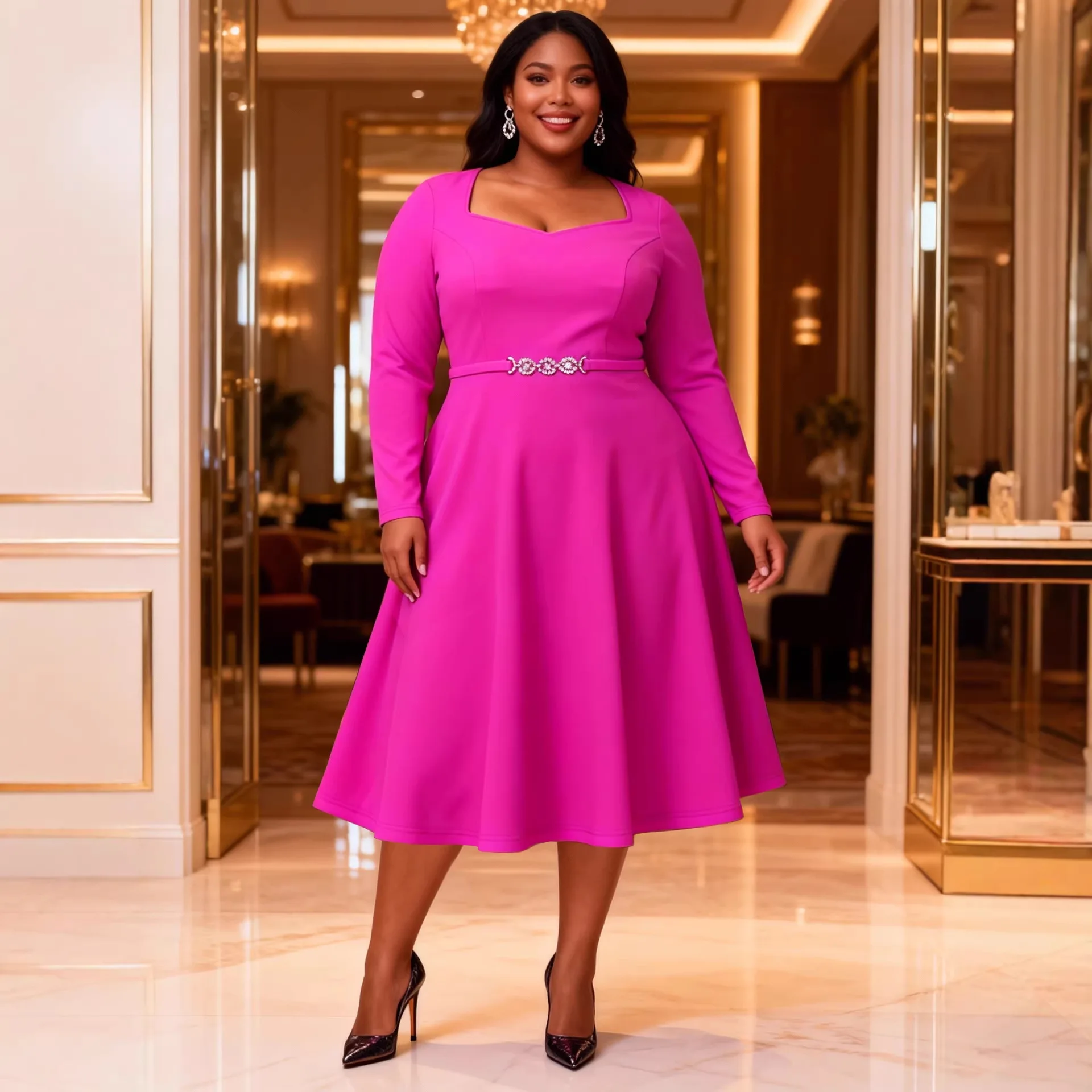 

Plus-size Women's Rose Red Square-neck Dress With Rhinestone Belt, Slimming And Elegant For Banquets Summer Elegantes Casual Y2K