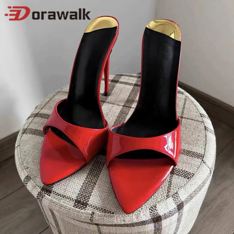 

Queen of nightclub 12cm/10cm Woman Slipper High Heel Sexy Red Sandal Summer Glossy Patent Shallow Pointed Toe Ladies Shoes