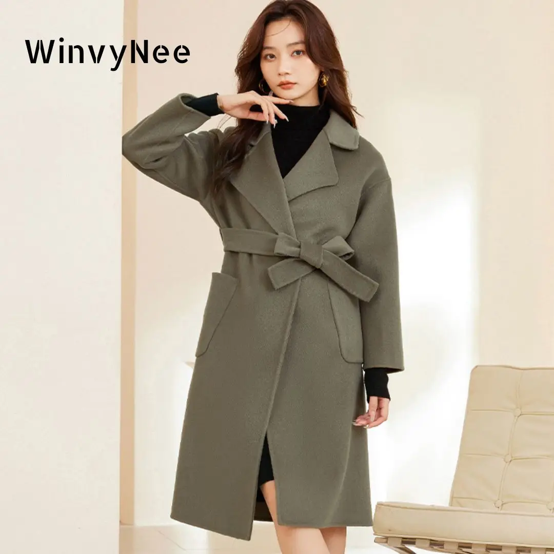 

WinvyNee 2024 New Long Women Wool Coats with Belt Double-sided Camel Wool Overcoat Long Length High-end Lapel Coats H1343007