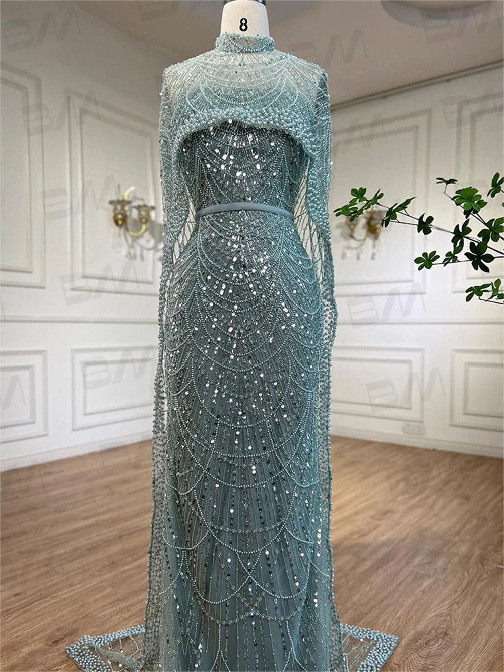 Arabic Formal Dress For Women With Luxury Handmade Beads Real Photo High Neck Cape Caftan Mermaid Prom Dresses Party Gown