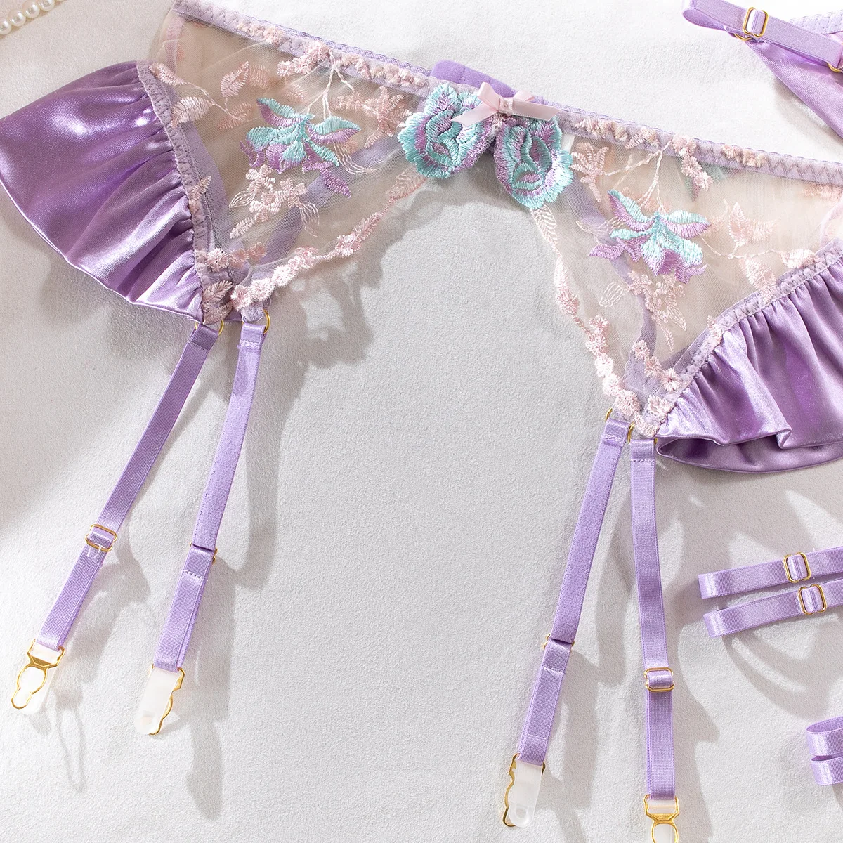 Lencería Sensual para mujer, ropa interior de seda transparente Floral elegante, liguero transparente, conjuntos exótico