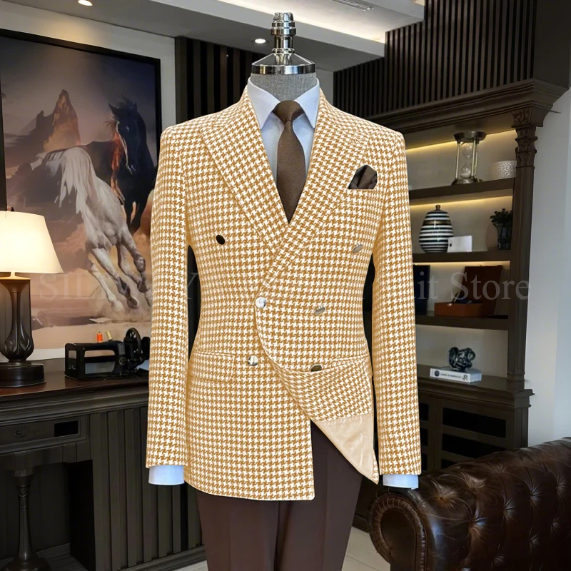Mode Notched Revers Plaid Pakken Mannen Twee Stukken Double Breasted Blazer Bruine Broek Formele Party Tuxedos - afbeelding 1