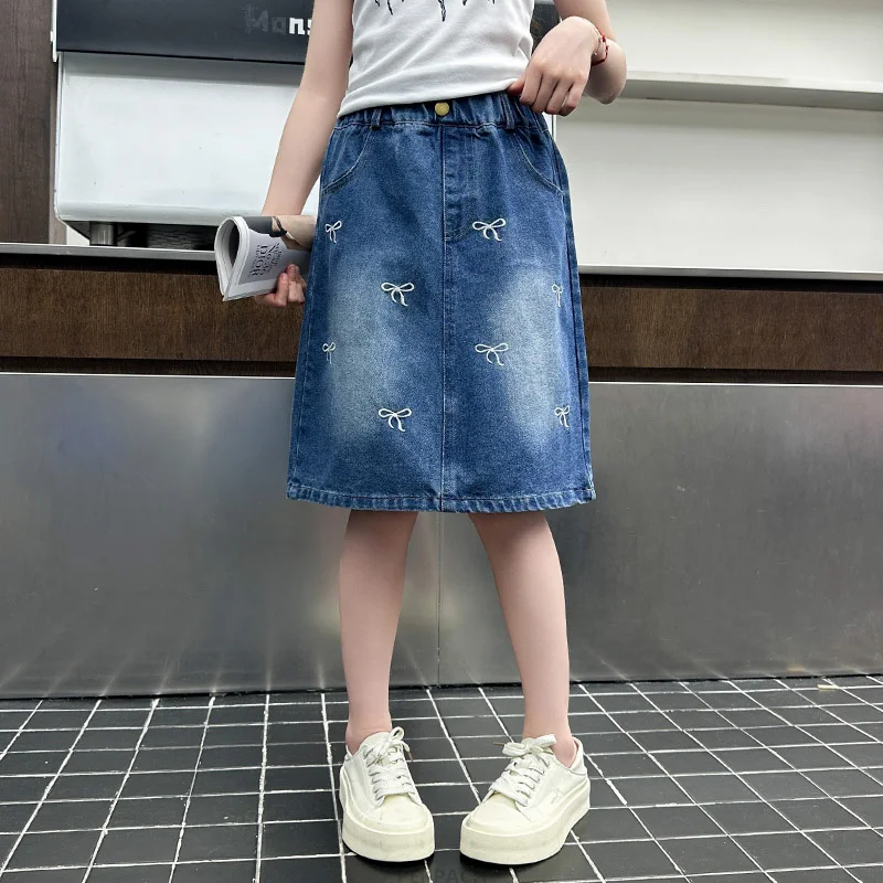 Fashion Pencil Skirts with Bow Knot For Kids Teenager Age 5 6 7 8 9 10 13 14Y Summer Children vintage Denim Skirt for Teen Girl