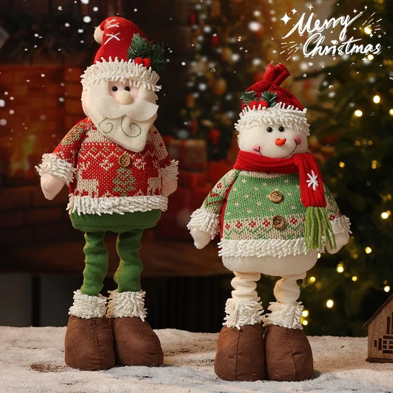 Retractable Fabric Santa Snowman & Reindeer Standing Dolls Elegant Ornaments for Christmas Tree and Window Scene Matching