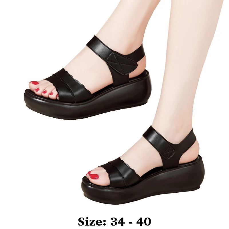 

high quality leather wedge sandals for women 6cm mid heel 2025 summer 34 35 40 platform open toe fashion elegant shoe black red