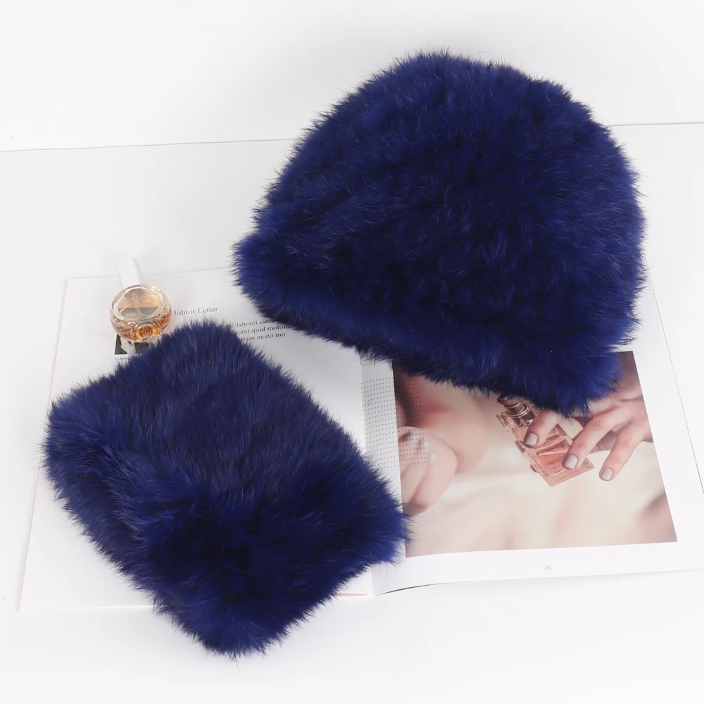 أرنب الفراء قبعة وشاح للنساء الشتاء الطبيعي أرنب الفراء قبعة الأوشحة مجموعات سيدة الدافئة محبوك سميكة الفراء الحقيقي القبعات الخمار 2 قطع #5