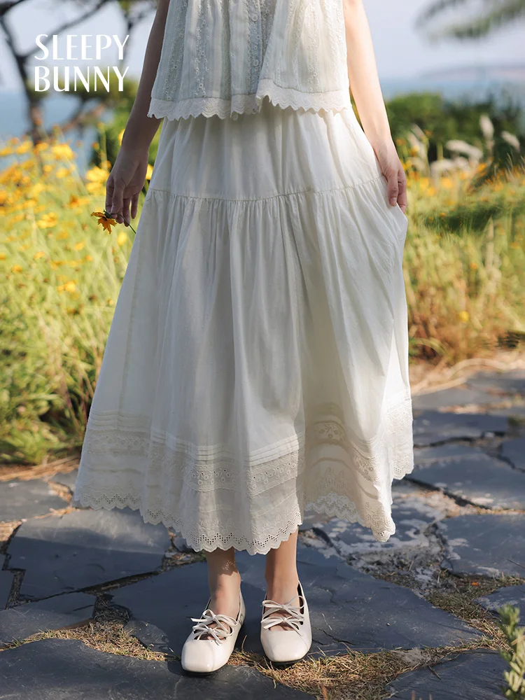 

High Waist Embroidered Midi Skirt Women Summer Loose Fit A-Line Skirt Elastic Waist Small Size Hip-Covering Skirt Petite Girls