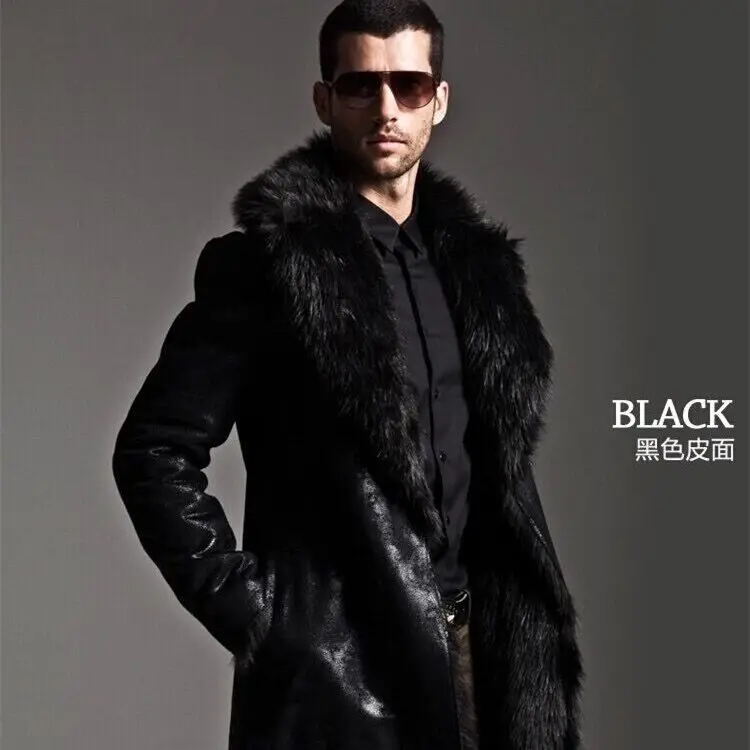 Fashion Black Faux Fur Jacket Men Winter Brand New Faux Leather Long Parka Warm Overcoat Male Luxury Fur Punk Outwear 3XL