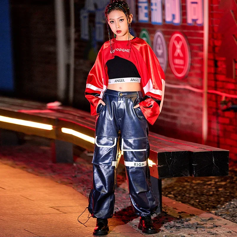 

Pants Streetwear Kids Jazz Dance Clothes New Ballroom Hip Hop Dance Performance Costumes For Girls Red Crop Tops Loose