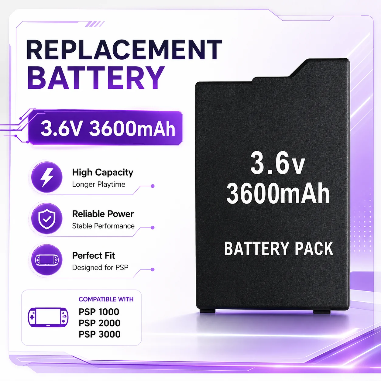 PSP-S360 Game Console Battery 3.6V 3600mAh Rechargeable Lithium Cells For Sony PSP2000 PSP3000
