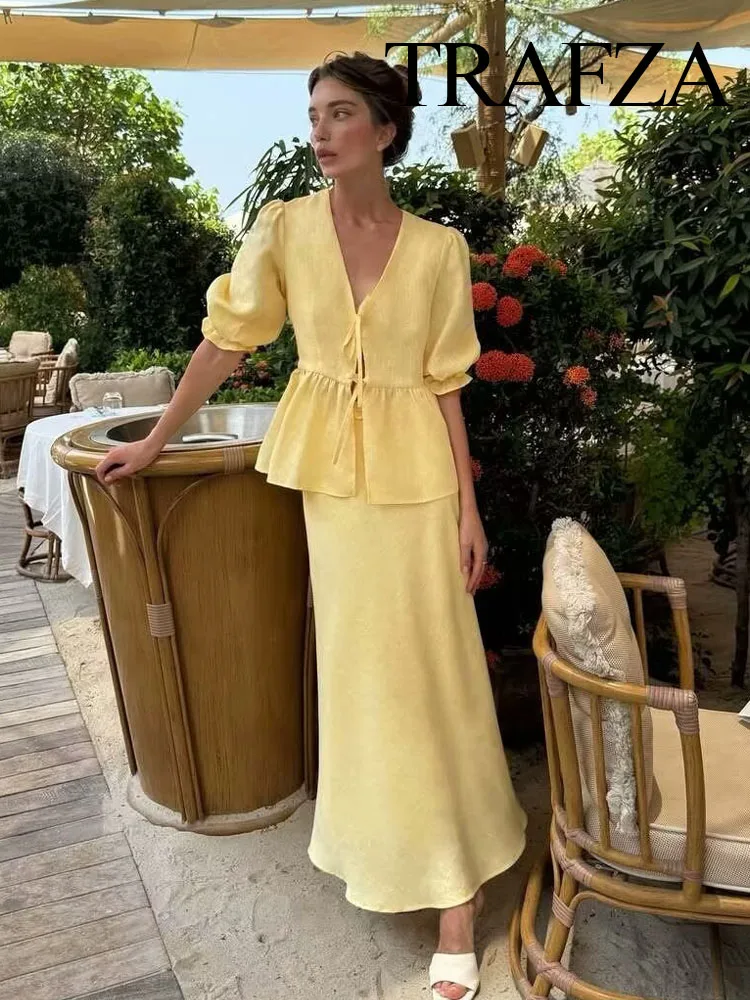 

TRAFZA Women New Puff Sleeves Lace-up Decorated French Style V-Neck Shirt+Summer Elegant Fishtail Hip Zipper Midi Skirt Suit