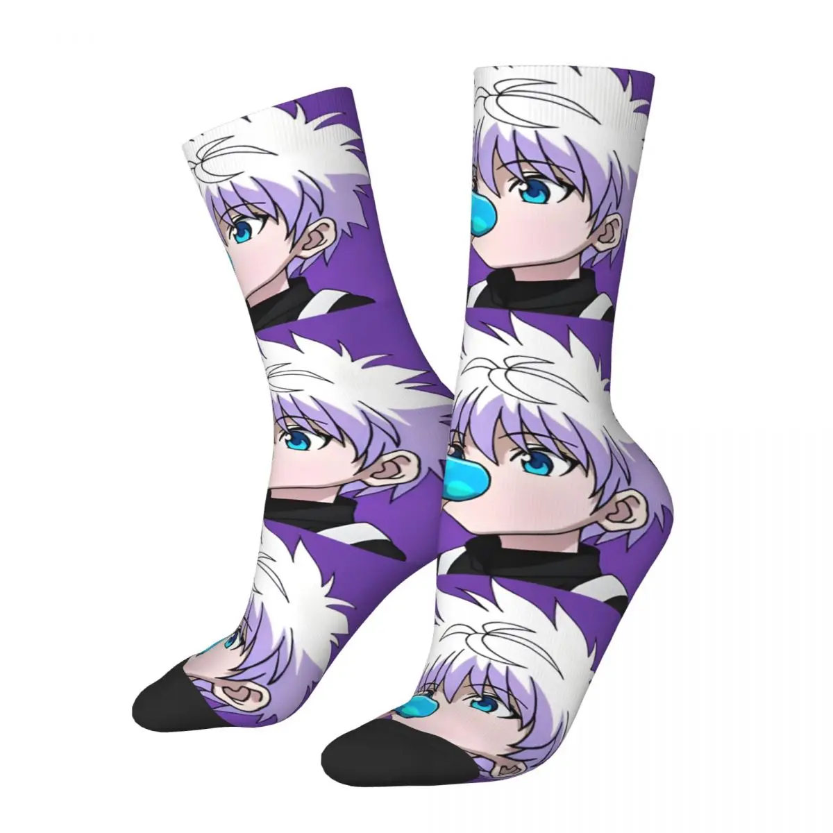 Funny Crazy compression Sock for Men Purple Killua Hip Hop Harajuku Hunter Hunter Anime Happy Quality Pattern Boys Crew Sock