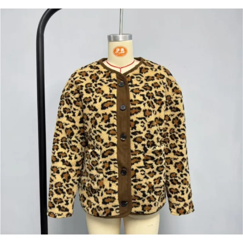 Cross-border European and American Women's Clothing  American New Printing Fashion Loose Lamb Wool Leopard Print Jacket Popular