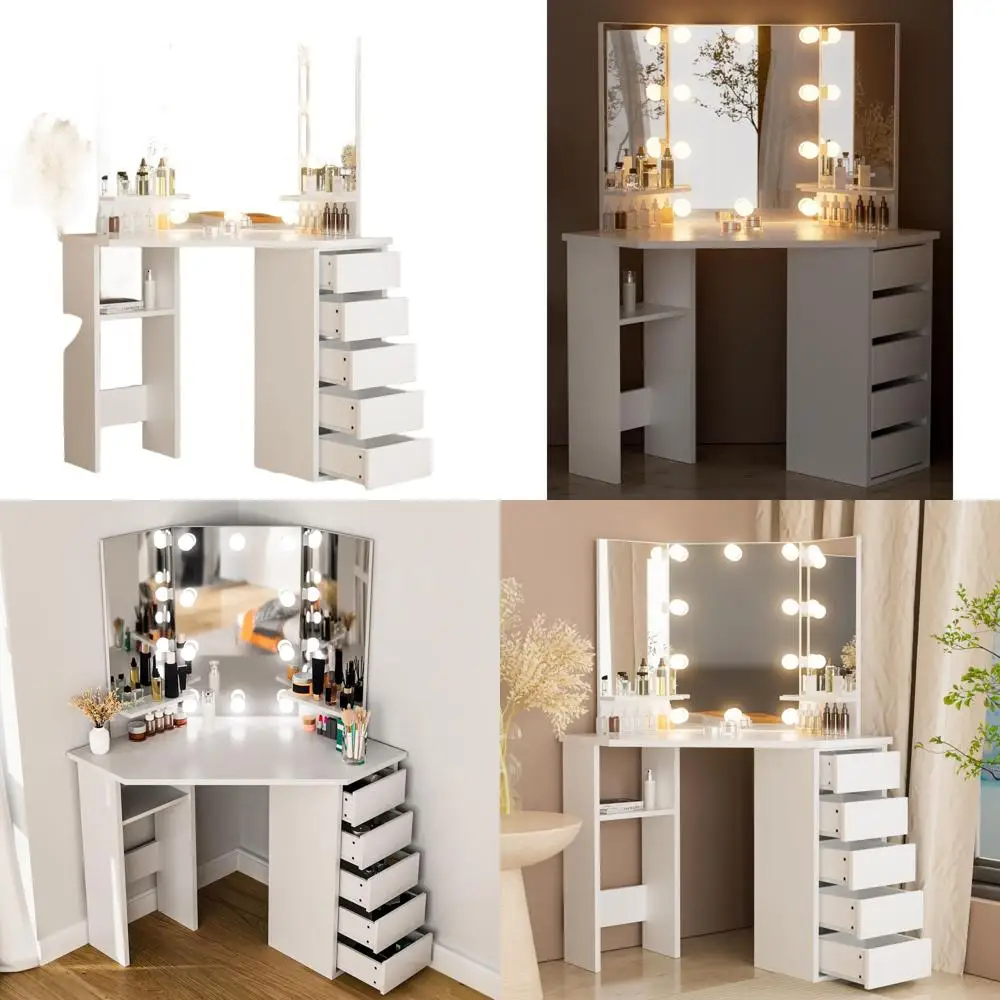 

Белый угловой туалетный столик с зеркалом и подсветкой, 5-ящичный стол для макияжа для женской и девичьей спальни