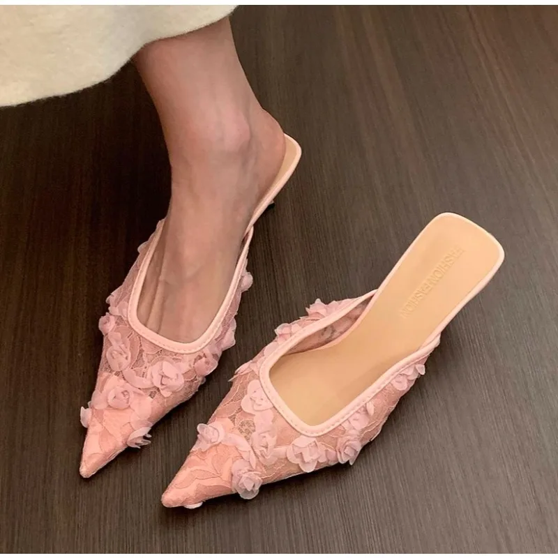 

Women's Lace Mules Slippers 2026 New Summer Fashion Thin High Heels Shoes Woman Mesh Slippers Women Luxury Sandals Party Shoes