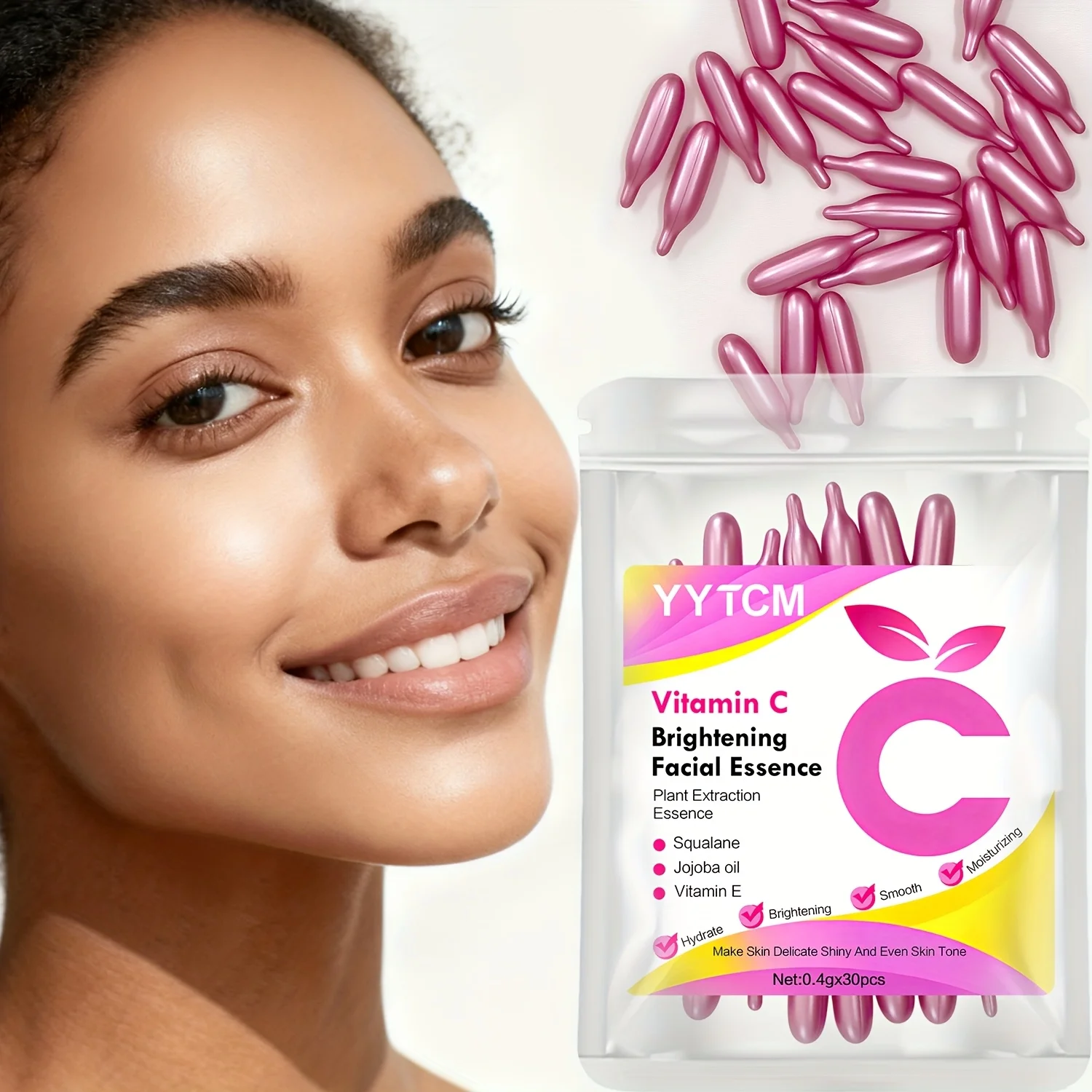 Essência em Cápsulas de Vitamina C para Iluminação e Hidratação da Pele, Hidrata e Suaviza a Pele, Contém Esqualano Vegetal, Vitamina E, Óleo de Magnó