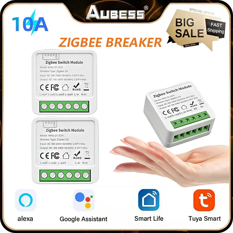 Aubess 1/2/3/4 CH 10A/16A Tuya DIY Zigbee Smart Switch 2-Way Control Light Relay Smart Home Works With Alexa Google Home Alice