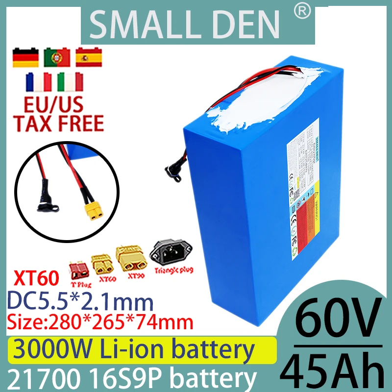 

Новый литий-ионный аккумулятор 60 в 45 Ач 21700 16S9p 100-3000 Вт двигатель, встроенный аккумулятор 50A BMS для скутера, велосипеда