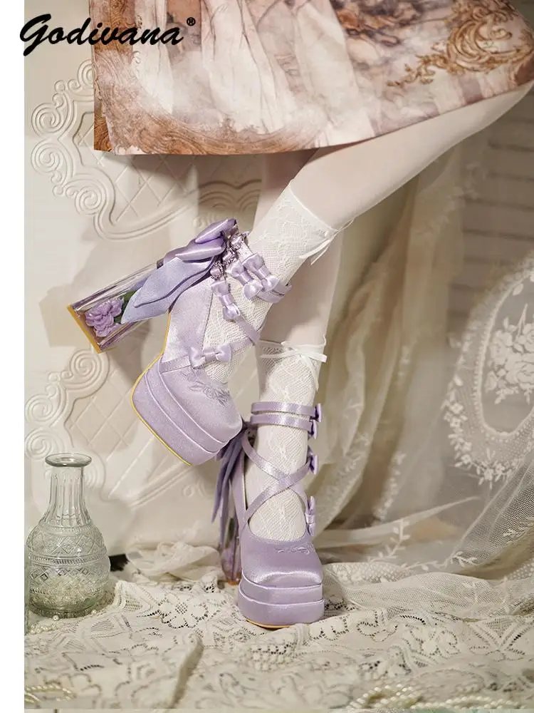 Original Lolita High Heels Elegant Ladies Camellia Embroidery Sweet Bow Satin Mary Jane Shoes Cos Shoes Women\'s Chunky Heels