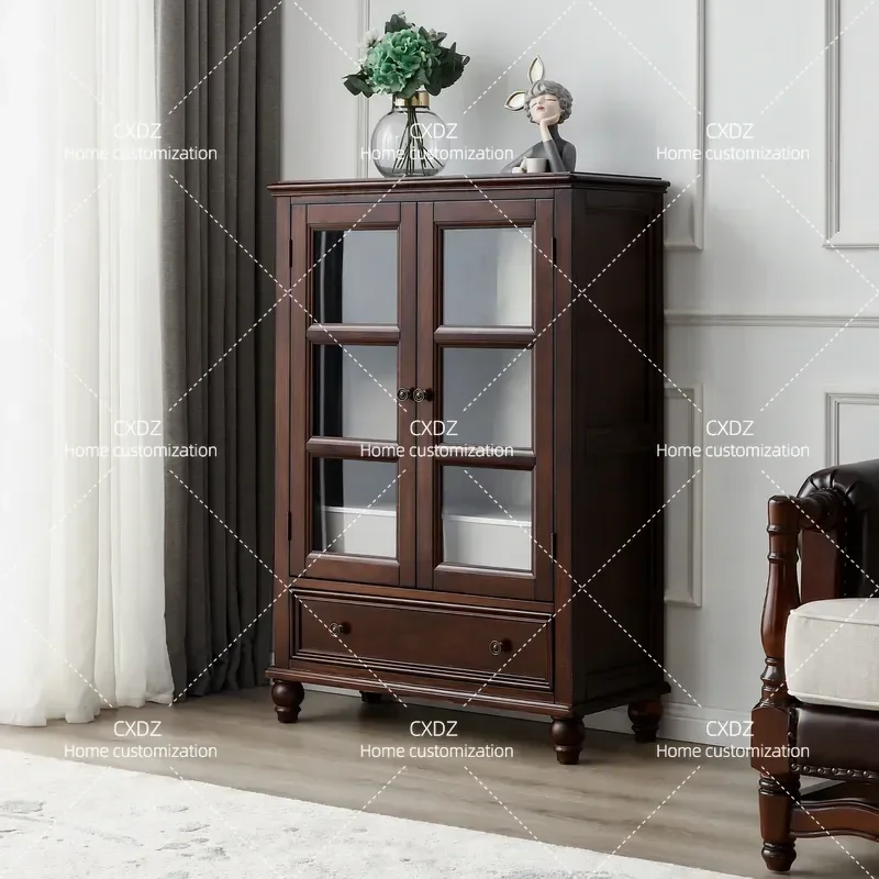 Huadani American solid wood wine cabinet Small apartment double door living room TV side cabinet Multifunctional wall storage