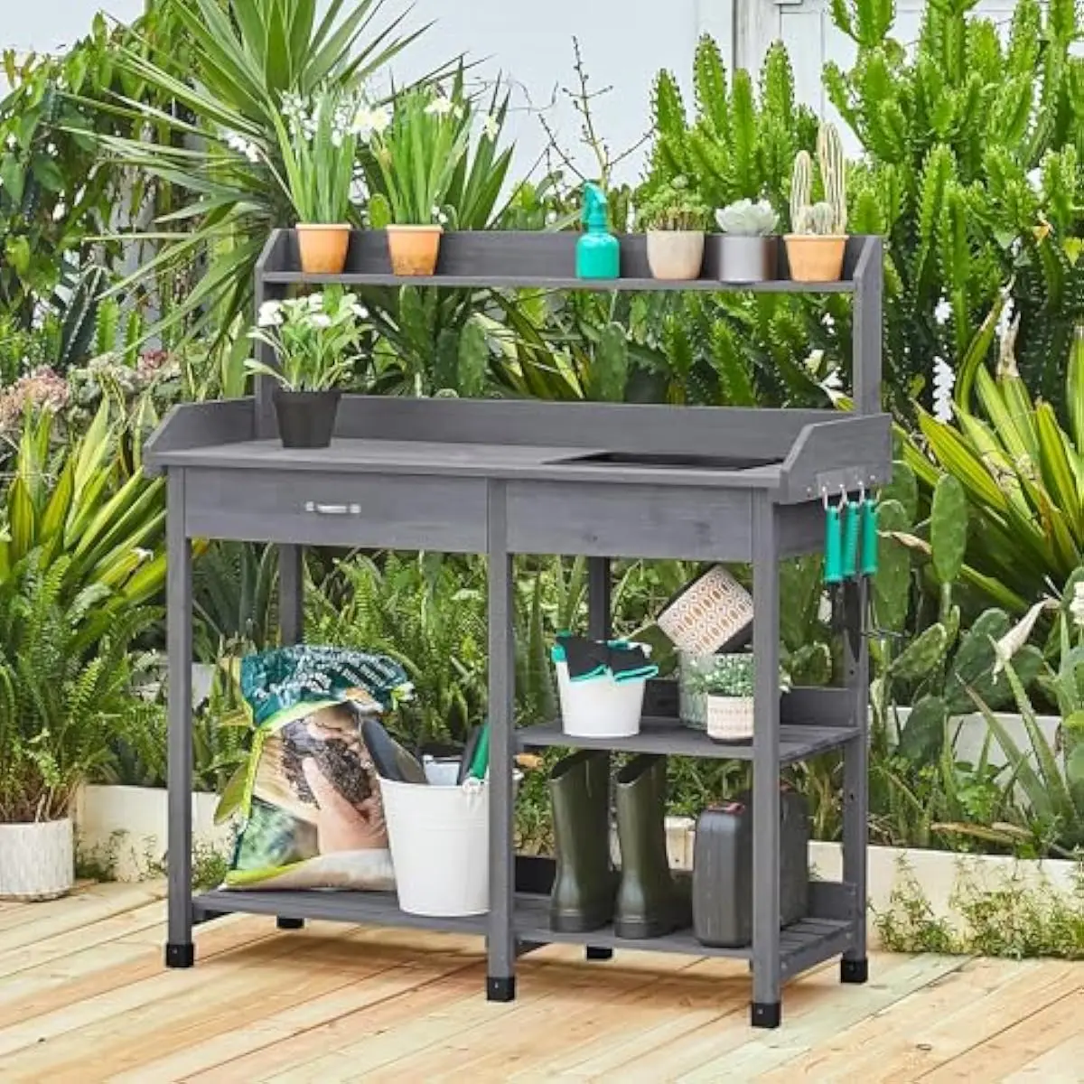 Outdoor gardening workstation with integrated sink and storage drawer – constructed from durable fir wood and metal frame – gray