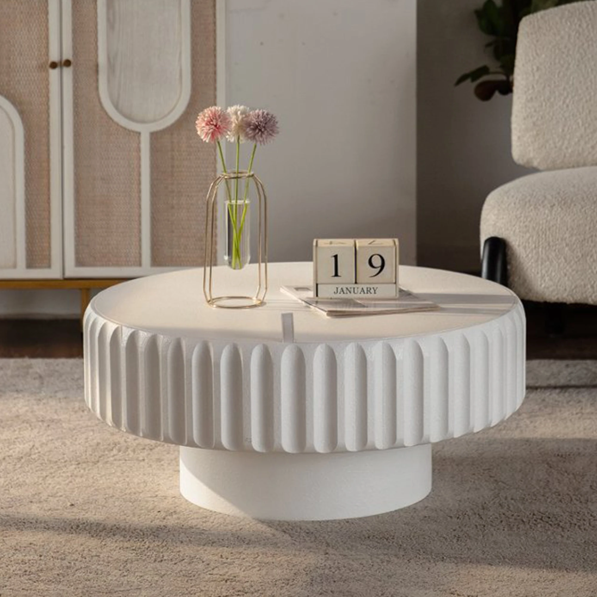 Round Fluted Storage Table with Lift-Off Lid, Sleek Texture, Perfect for Modern Living