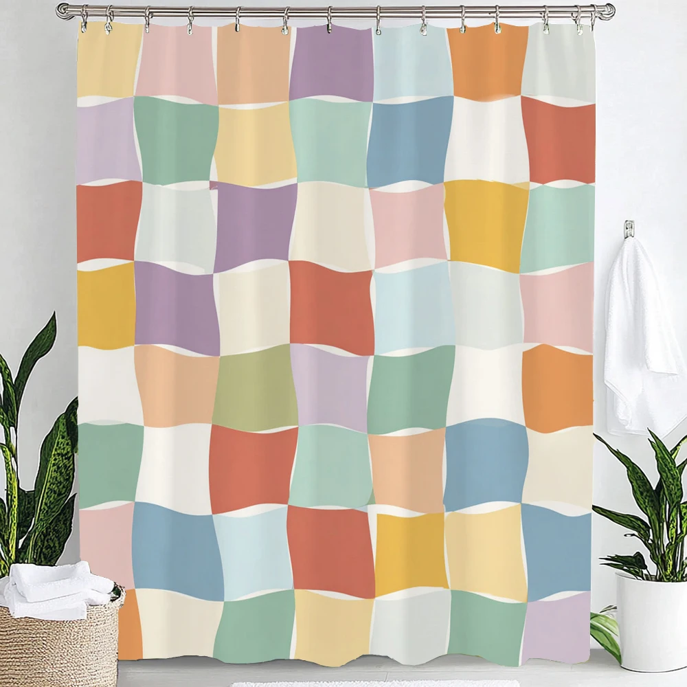

Современная водонепроницаемая шторка для душа с принтом в клетку, декоративная шторка для ванной комнаты, 12 крючков, машинная стирка
