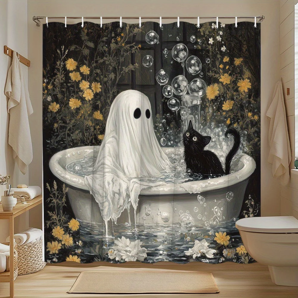 Halloween Ghost Black Cat Floral Bathtub Print Shower Curtain Waterproof Mildew Proof Polyester Fabric With Free Plastic Hooks E