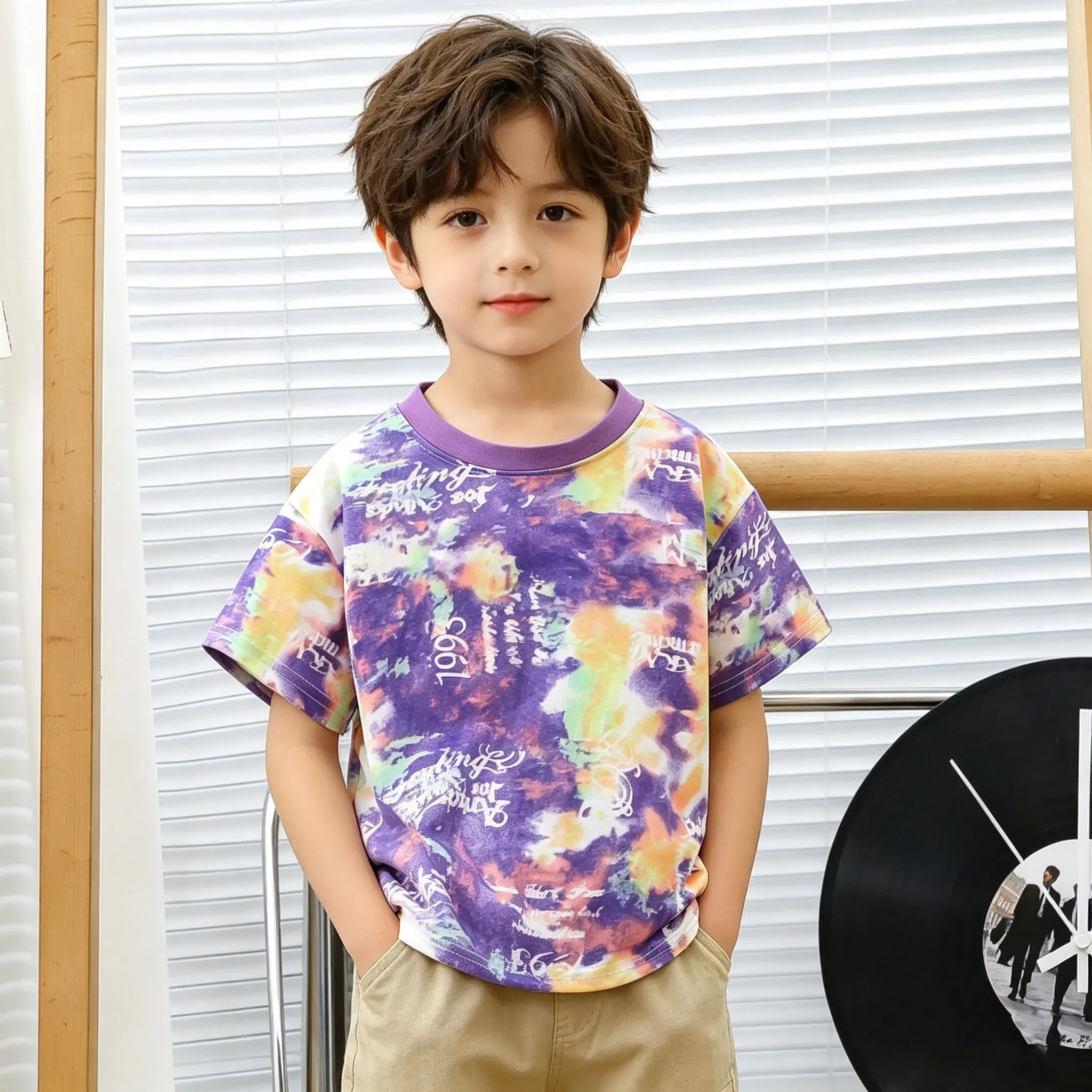 Kids Tie Dye T-shirt Summer 2026 Boys Letter Print Short Sleeve Tops Casual Soft Cotton Breathable Children Tee 1-6Y