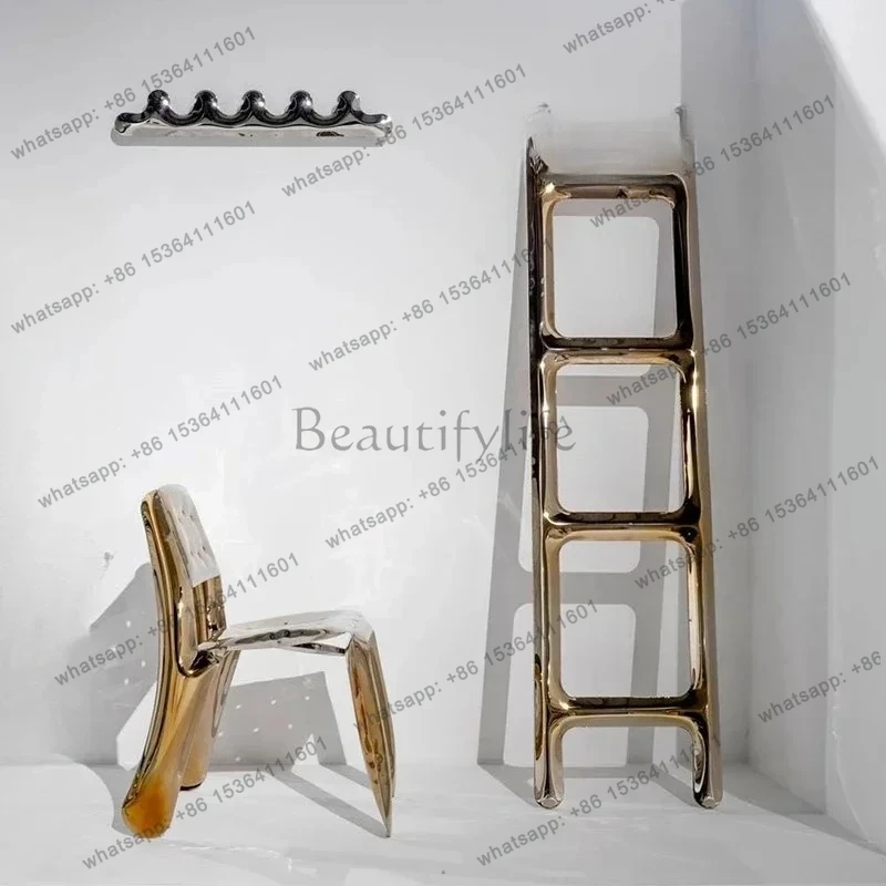 yj58 Postmodern designer creative ladder shape stainless steel drying rack full body mirror art installation