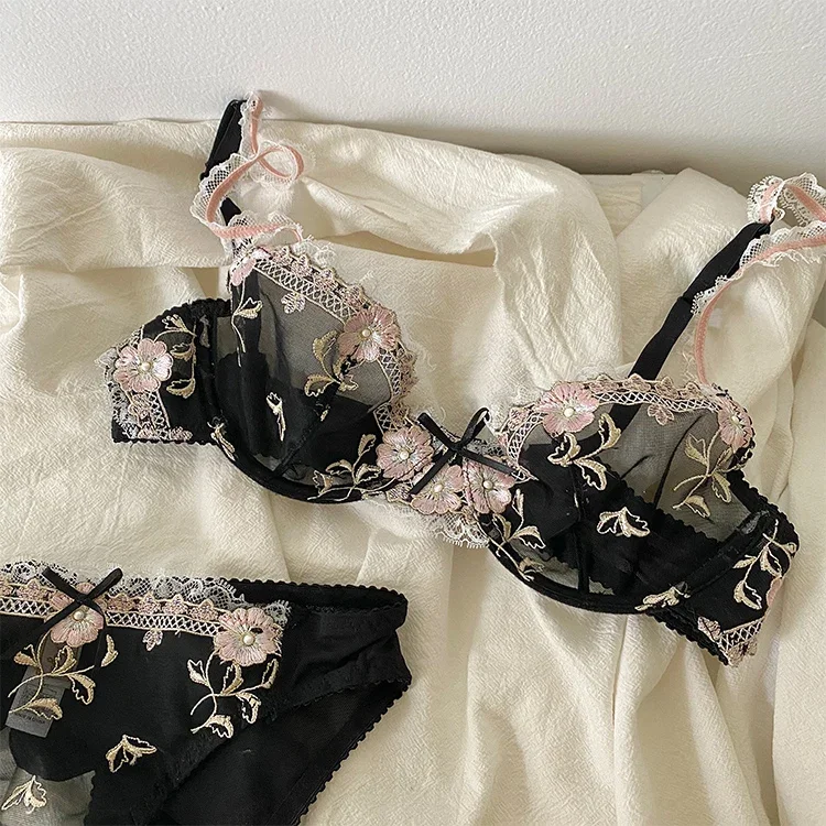 New Arrival Luxury Pure Desire Lace Tulle Sexy Panties Lingerie Set Lilacs Embroidery Girl Boobs Big Size Big Boobs Small - Image 2