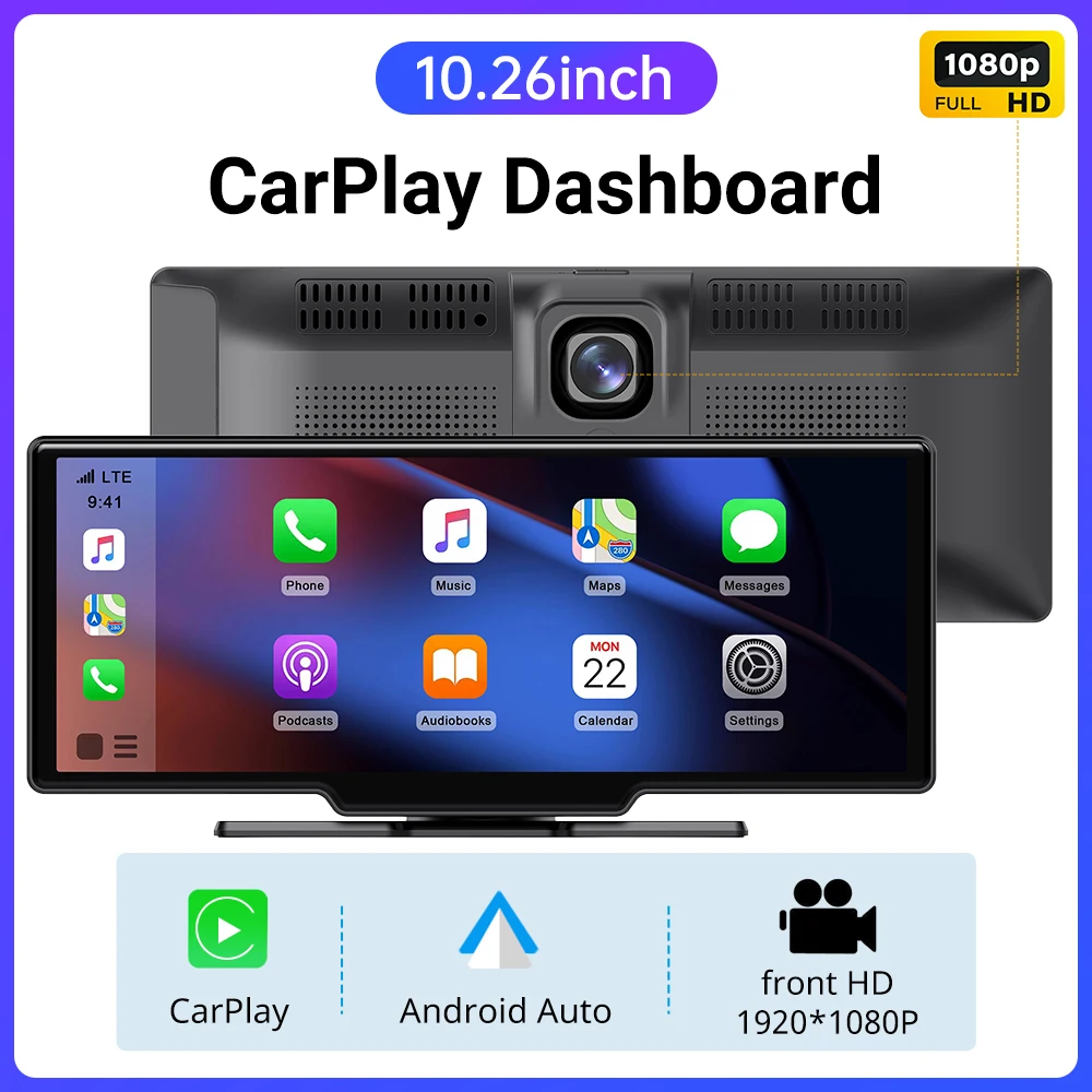 

Acodo NEW 10.26 inch 4K DVR Wireless CarPlay/Android Auto Portable Dash Cam IPS Touch Screen Bluetooth Audio Dual Lens Recorder