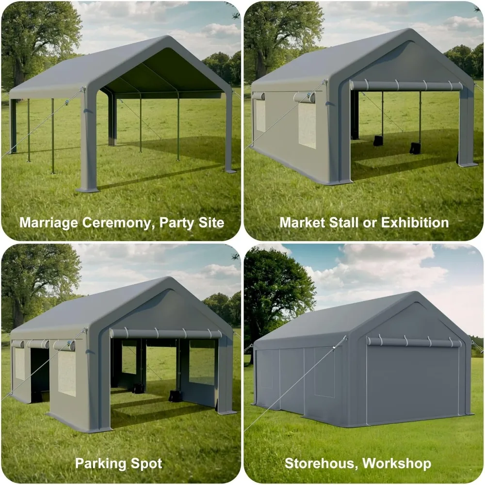 13x20ft Carport, 4 Roll-up Doors & 4 Ventilated Windows, UV Resistant All-Season Waterproof Tarp, Reinforced Steel Poles, Garage