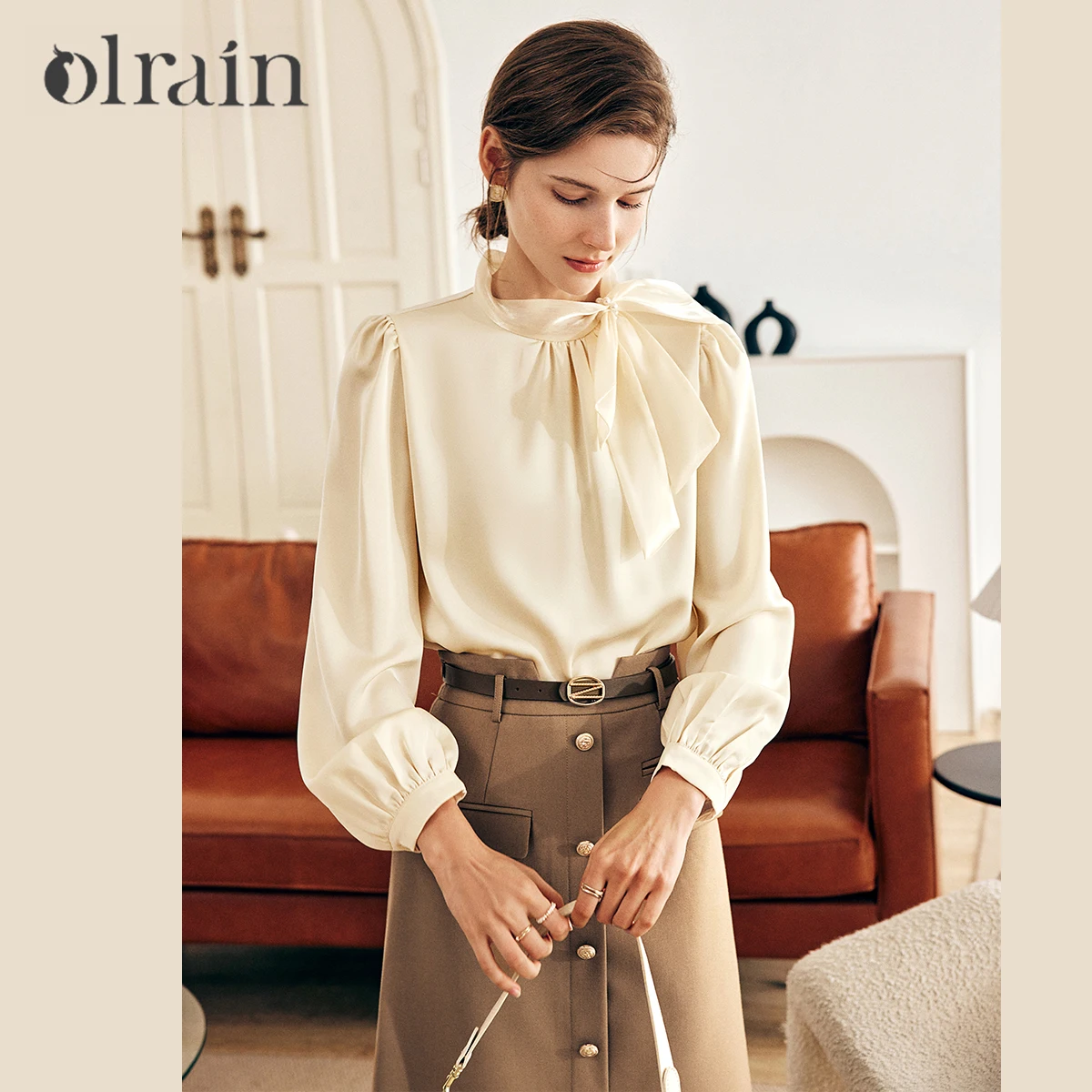 

OLrain Women's French Style Satin Blouse 2025 Autumn Fall Loose Elegant Tie Neck Long Sleeve Ladies Top Woman Clothes O23CX63860