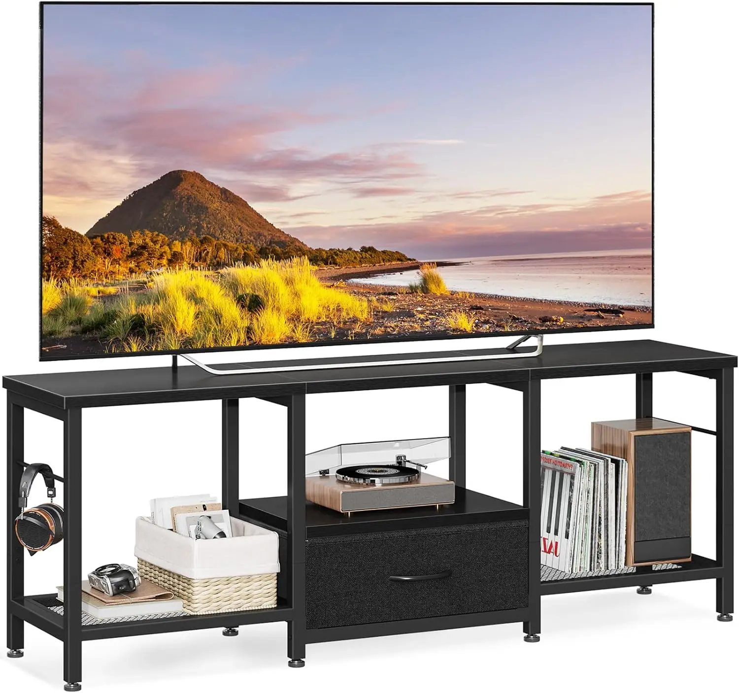 

47-inch TV Stand with Open Shelves & Fabric Drawers, Entertainment Center for 43-50 Inch TVs, Black