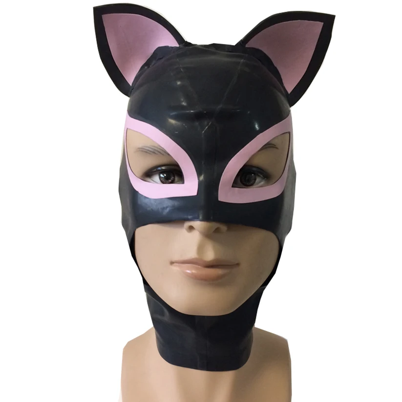 Máscara de Gato de Borracha Látex Natural para Mulheres, Preto com Orelhas Rosa, Zíper Traseiro, Headpiece Artesanal, RLM260