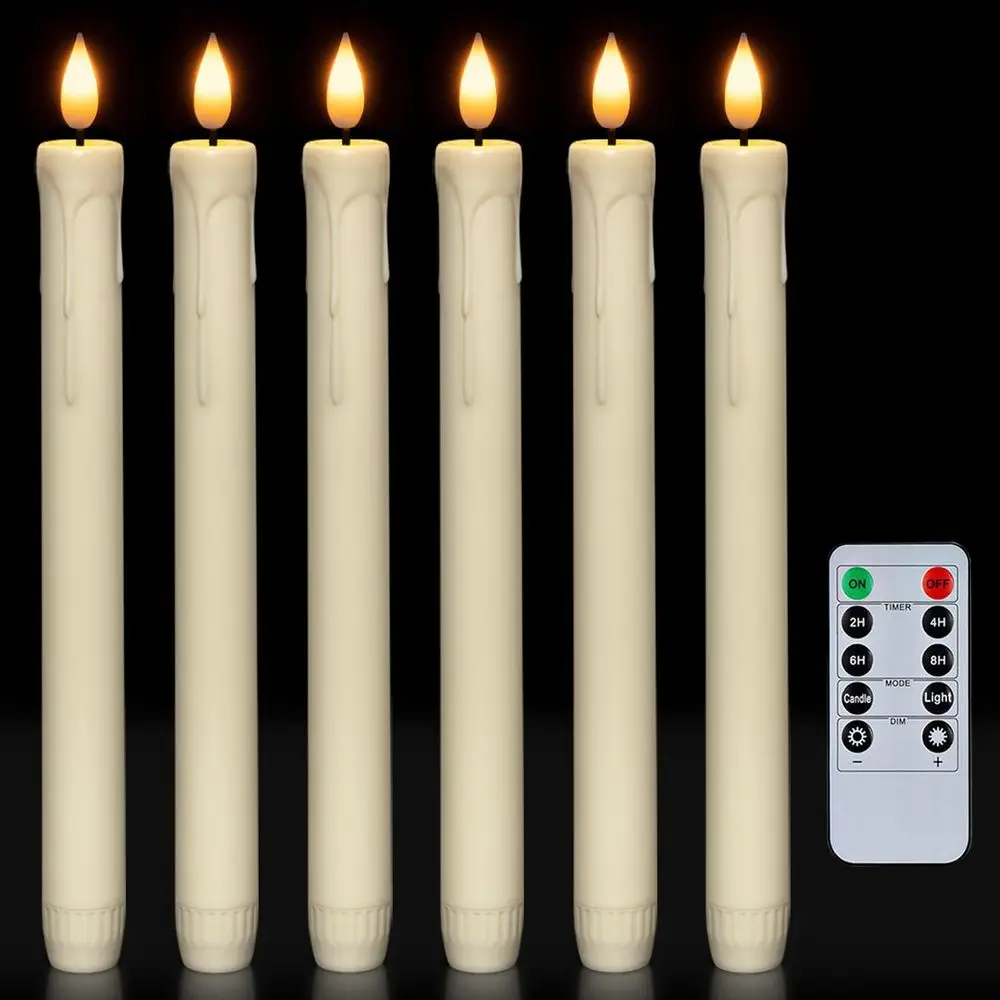 6-Piece Battery-Powered Taper Candles with Remote, Timer, and Dimmer, Ivory LED Window Candles with Flickering Light, 9.6 Inches