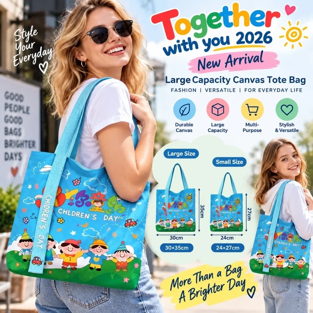 Casual Cartoon Print Canvas Tote Bag Large Capacity Children's Day Gift Canvas Bag Grocery Bag Reusable Shopping Bag Daily Use