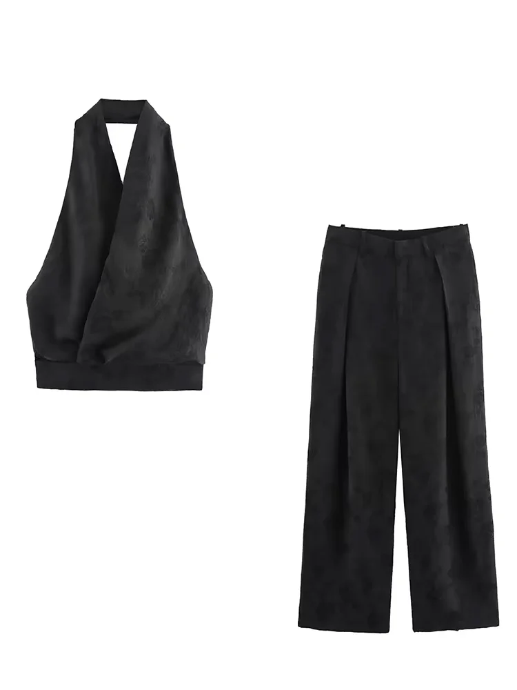 

HH Summer Women Solid Jacquard Weave 2-Piece Set Sleeveless Backless Hanging Neck Collar Top+High Waist Zipper Pockets Pants