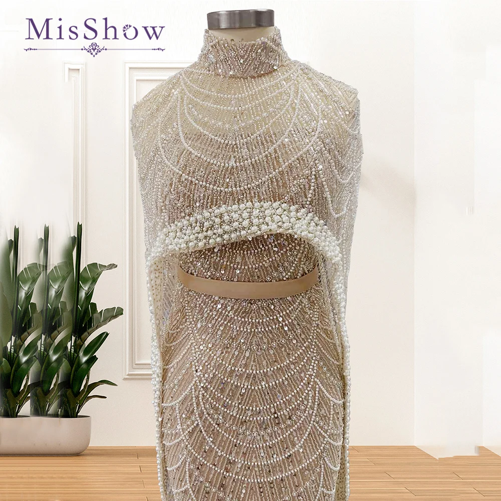 MisShow Luxury Arabic Pearls Beaded Evening Dresses With High Neck Cape 2024 Dubai Mermaid Formal Prom Gowns For Wedding Party