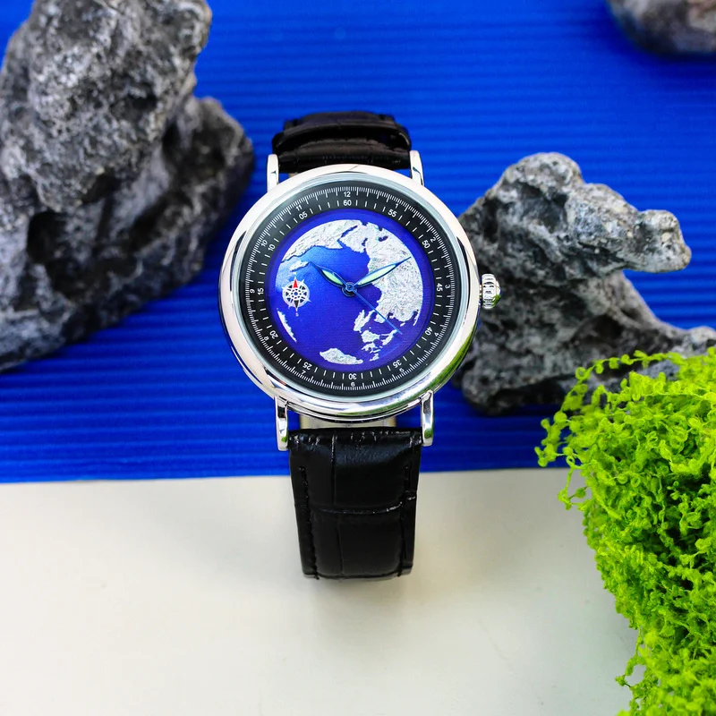 

A men's black leather belt casual-style minimalist globe scale fully automatic mechanical watch