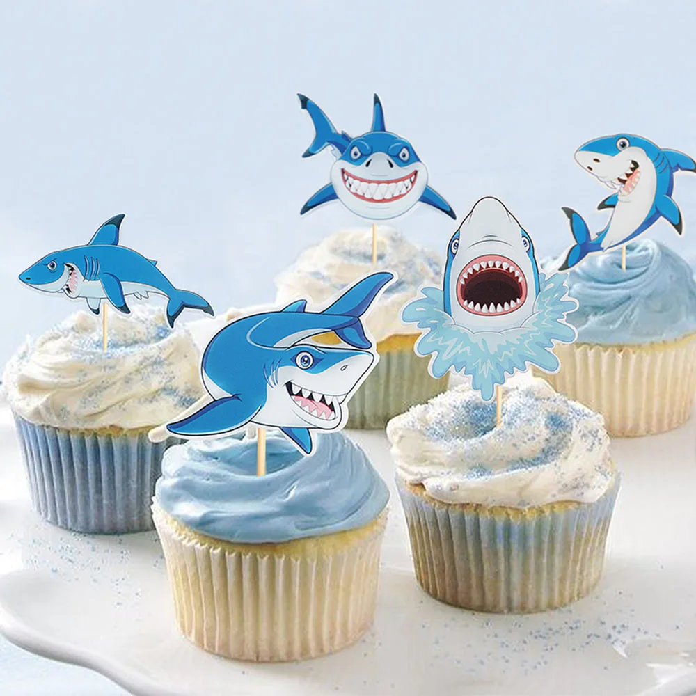 10pcs Cartoon Shark Cupcake Toppers Under The Sea Shark Baby shower Cake Decor Ocean One 1st Happy Birthday Party Decor Kids Boy