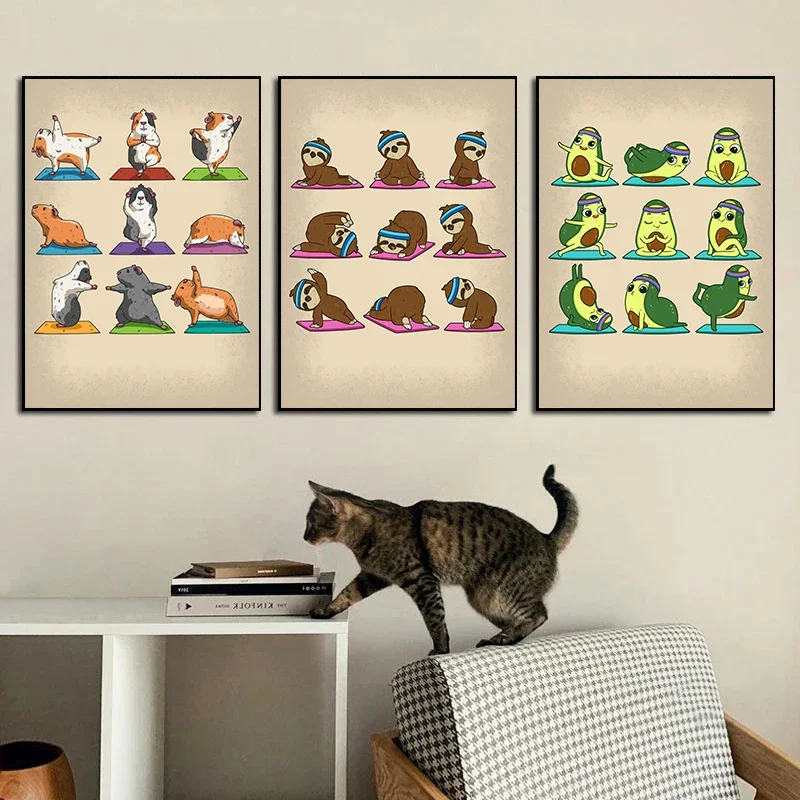 Modern Funny Cute Bulldog Cat Panda Yoga Gesture Poster and Print Canvas Painting Animal Nordic Wall Art Nursery Kidroom Decor