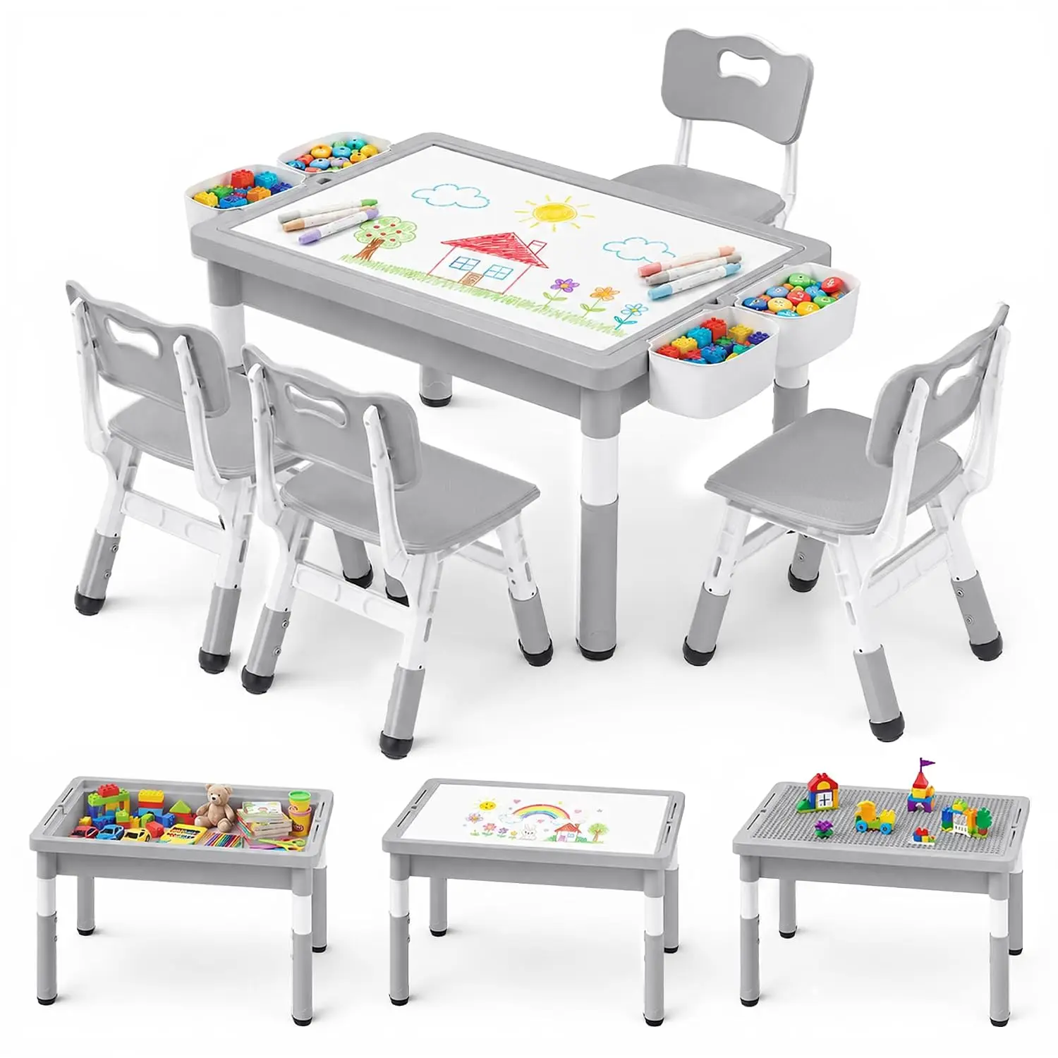 4 in 1 Kids Table & Chair Set Reversible Graffiti Block Building Adjustable Height Storage 4 Bins Activity Desk, Customized